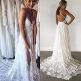 Ivory Lace Open Back Spaghetti Strap Side Split Beach Wedding Dresses